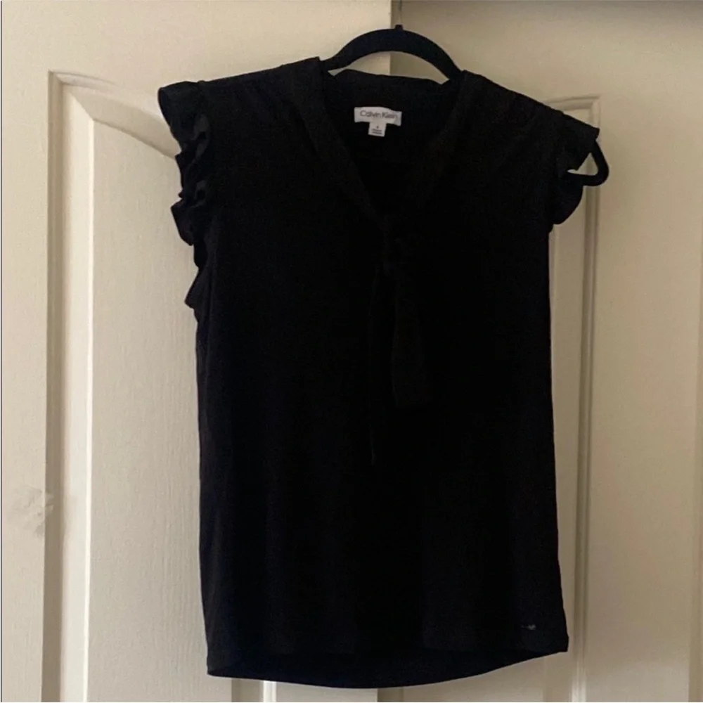 Calvin Klein Black Ruffled Tie Front Blouse. Blouse S - Picture 1 of 9